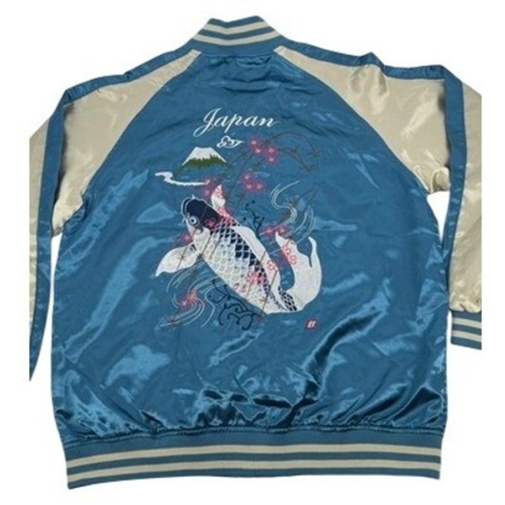 Japanese Sukajan Bomber Jacket Mens XXL Blue White Koi Fish Embroidered New